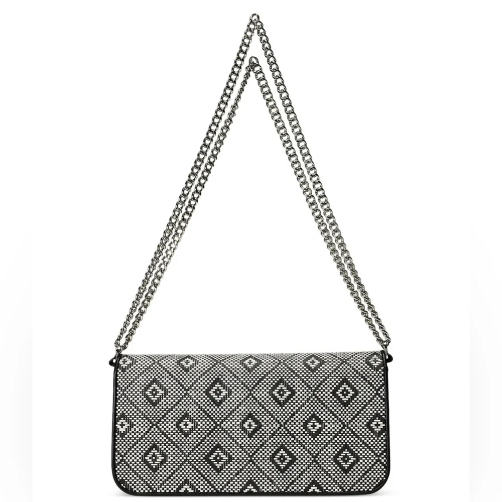 NWT Lauren Ralph Lauren Geo-Motif Woven Straw Med Sawyer Bag Black/natural Geo